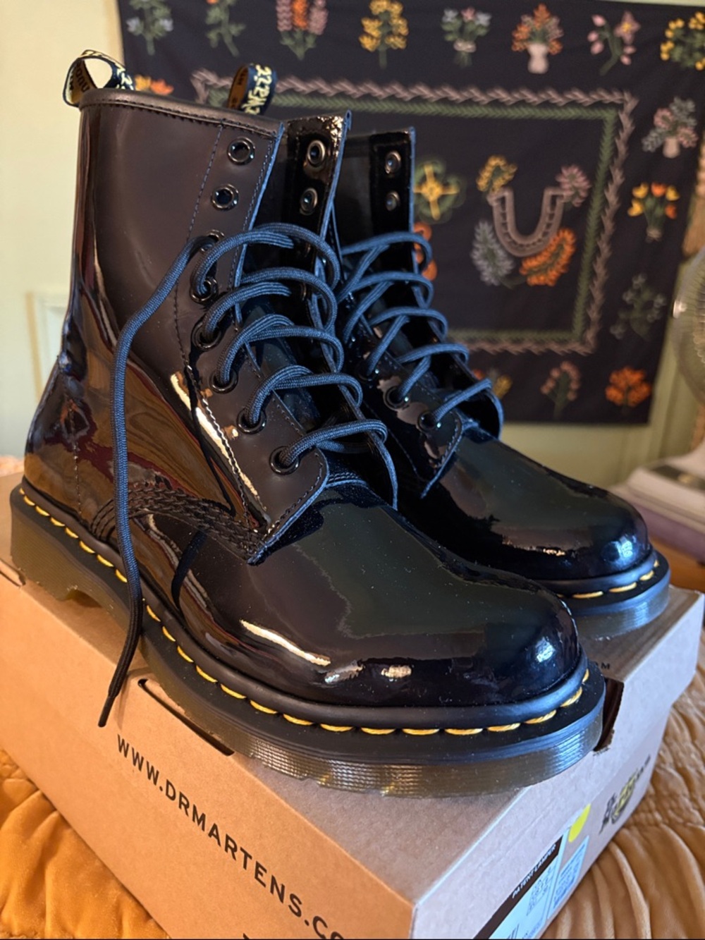 Dr. Martens Black Patent 8-Eye Combat Boots with Yellow Welt Stitching - Picture 5 of 6